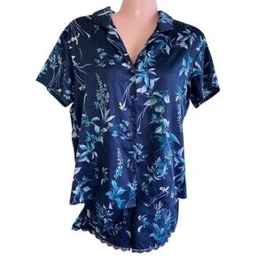 Flora By Flora Nikrooz Pajama Set Womens Small Blue Floral Satin Shorts PJs